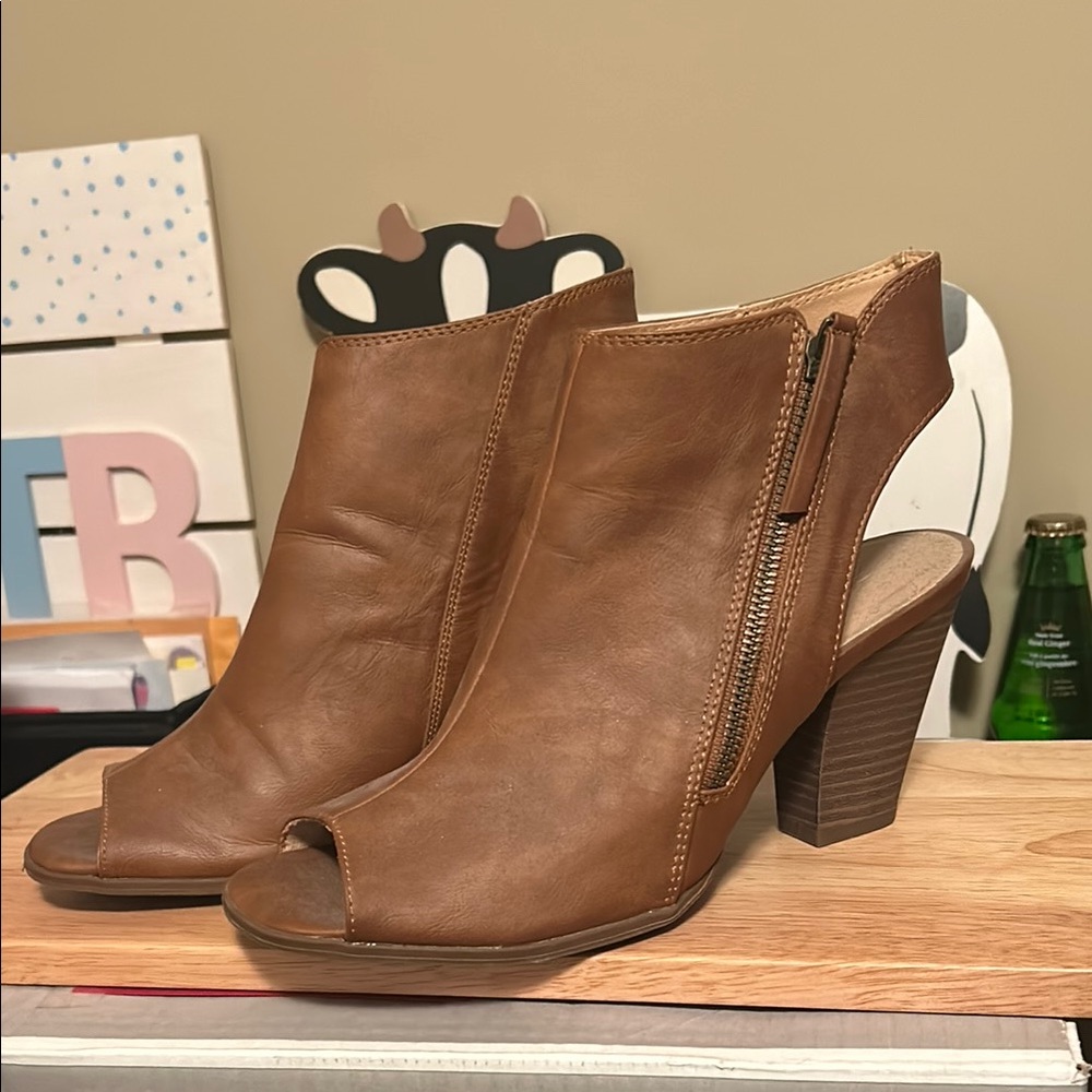Brown Peep-Toe Ankle Boots